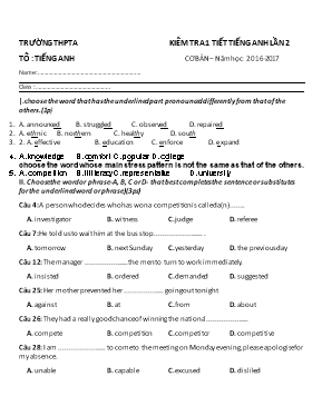 Đề kiểm tra 1 tiết lần II môn Tiếng Anh Lớp 11 (Cơ bản) - Năm học 2016-2017